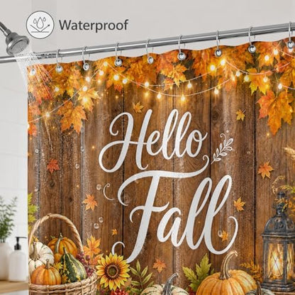Fall Shower Curtain, Autumn Pumpkin Maple Leaves Sunflower Harvest Bathroom Curtain, Farmhouse Rustic Country Wood Waterproof Polyester Fabric Shower Curtain with Hooks, 72x72 Inch