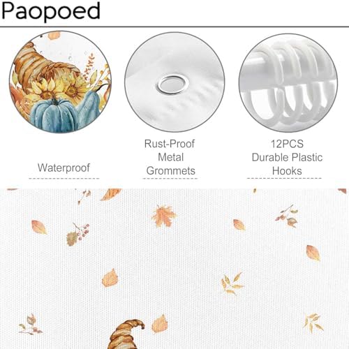 Fall Pumpkins Shower Curtain, Autumn Leaves Thanksgiving Harvest Bathroom Bathtubs Decor, Waterproof Polyester Fabric Bathroom Curtain with Hooks 72x72 in