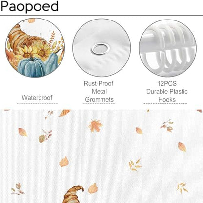 Harvest Pumpkin Shower Curtain, 60 x 72 Inch Watercolor Fall Bathroom Curtain with Autumn Leaves, Cornucopia and Blue Pumpkin Design, Farmhouse Bath Decor
