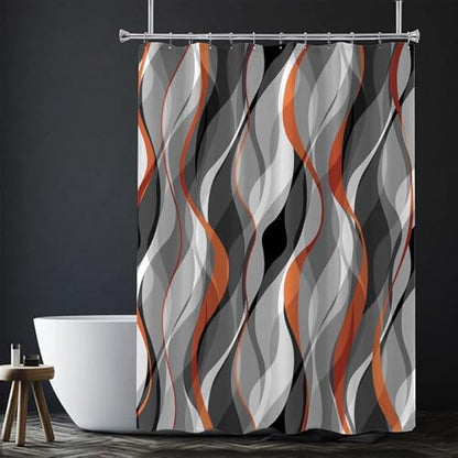 Orange and Grey Shower Curtain for Bathroom - Modern Abstract Striped Minimalist Fabric Bath Curtain Set, Waterproof, Black Gray Orange, 72 x 72 Inch