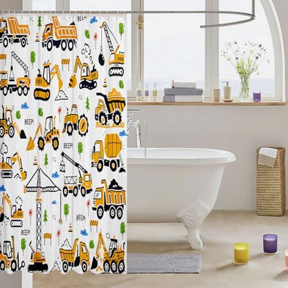 Feelyou Construction Truck Shower Curtain Kids Boys Cartoon Excavator Vehicle Tractor Cars Bathroom Waterproof Accessories with 12 Hooks 72x84 Inches Machinery Equipment Yellow Decor
