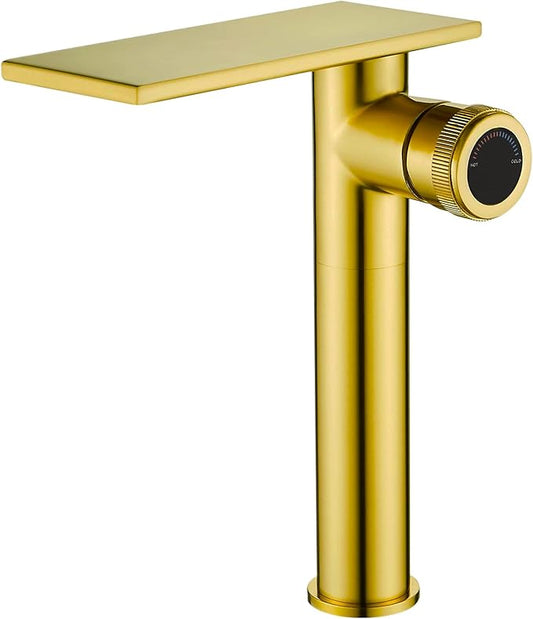 Becola Modern Brushed Gold Tall Waterfall Basin Mixer Tap with Adjustable Knobs and Two Supply Lines