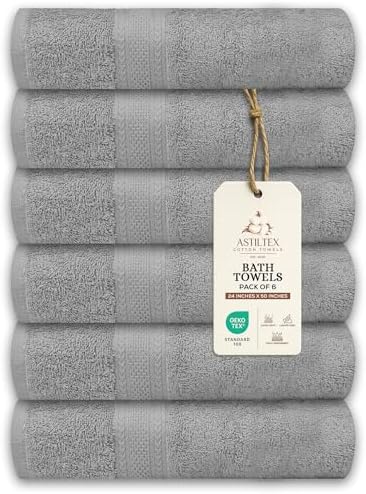 Bath Towels Pack of 6 – 24" x 50" – 100% Cotton Terry, Soft, Quick-Dry & Highly Absorbent – Light Grey Towels for Bathroom, Spa, Gym, Hotel, Pool & Everyday Use