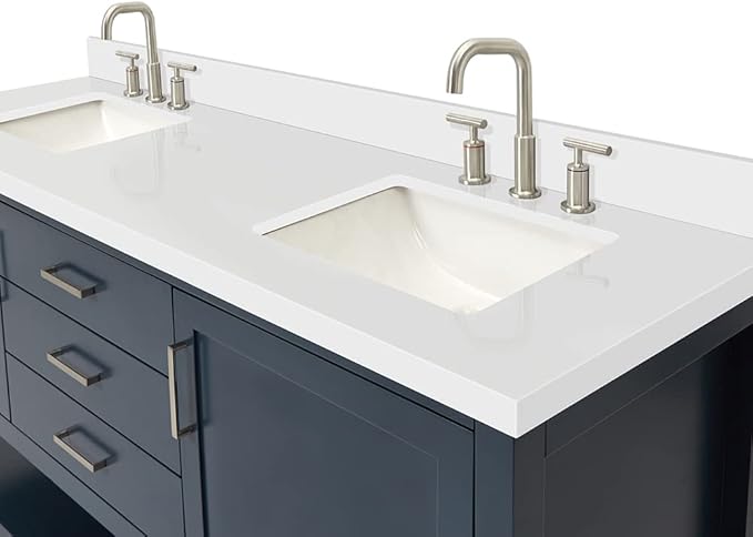 ARIEL Bayhill 72-inch Bathroom Vanity with Sink,Solid Wood, 1.5-inch Pure White Quartz Countertop, Double Rectangular Porcelain Sink, 2 Soft Closing Doors, 3 Dovetail Drawers, Midnight Blue