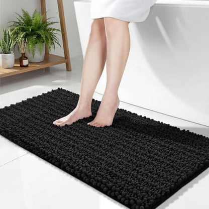 Disolla Black Bathroom Rug 24x44 Inch - Thick Chenille Bath Mat, Large Shaggy Plush Absorbent Rug, Non-Slip Machine Washable Floor Mat for Double Vanity