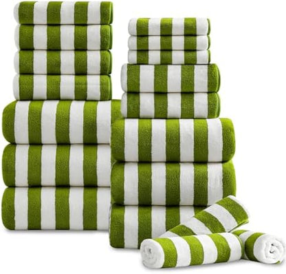 18 Pcs Green Stripe Bath Towel Set with Hanging Loop-6 Bath Towels,6 Hand Towels,6 Washcloths Soft Family Towels Set Bathroom Towel Highly Absorbent Quick Dry Shower Towel for Beach Spa Gym Hotel