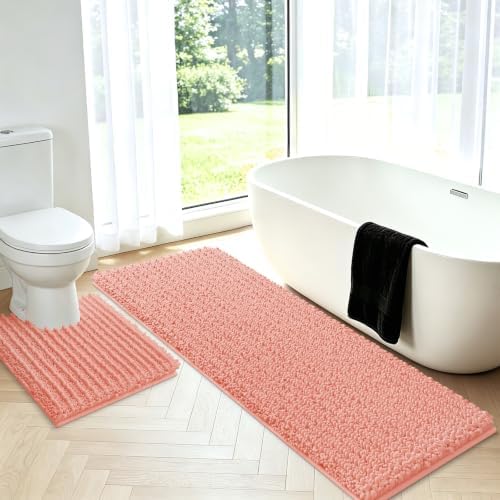 ACCUMTEK Upgrade Luxury 2 Piece Coral Toilet Bathroom Rug Mat U Shape 24"x20"+48"x20", Ultra Soft Thick Absorbent Bath Mats, Non Slip Chenille Toilet Mat for Bathroom, Bedroom, Kitchen, Shower, Tub