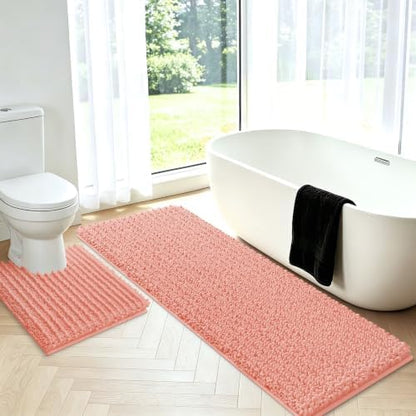 ACCUMTEK Upgrade Luxury 2 Piece Coral Toilet Bathroom Rug Mat U Shape 24"x20"+48"x20", Ultra Soft Thick Absorbent Bath Mats, Non Slip Chenille Toilet Mat for Bathroom, Bedroom, Kitchen, Shower, Tub