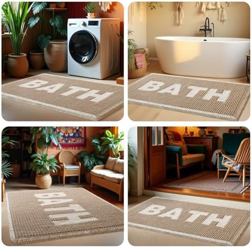 Waffle Bath Mat, Boho Woven Modern Bath Rug Absorbent Non Slip, Ultra Soft Bathroom Mats, Machine Washable Knit Bath Rugs with Bath Letter for Bathroom, Bedroom, Kitchen, Tub, 36"x24", Beige & White