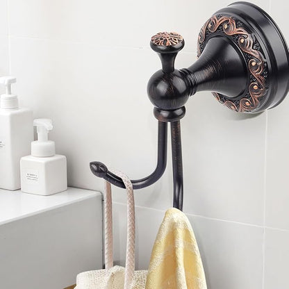 Black Antique Brass Towel Hook, Wall Mounted Bathroom Copper Double Hook for Clothing & Robe Hanger, Screws Install Shower Wall Hook