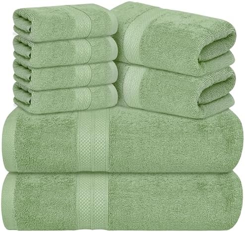 Avalon Towels Luxury 8 Piece Sage Green Towels Set, 2 Bath Towels, 2 Hand Towels and 4 Washcloths, 600 GSM 100% Ring Spun Cotton Highly Absorbent Towels, Ideal for Hotel, Spa and Gym