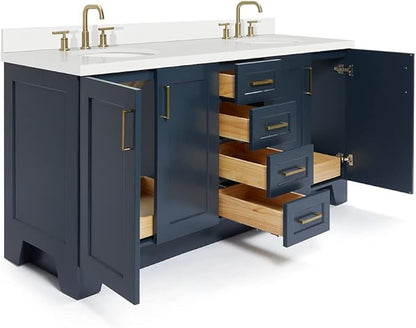 ARIEL Taylor 72-inch Bathroom Vanity with Sink,Solid Wood, 1.5-inch Pure White Quartz Countertop & Backsplash, Double Oval Porcelain Sink, 4 Soft Closing Doors, 6 Dovetail Drawers, Midnight Blue