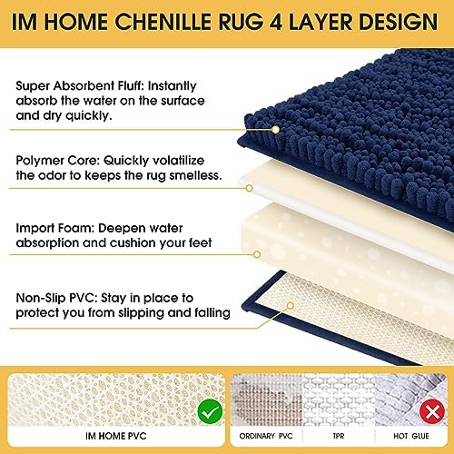 ACCUMTEK Upgrade Luxury Navy Blue Bathroom Rug Mat 36"x24", Ultra Soft Thick Absorbent Bath Mats, Non Slip Chenille Toilet Mat for Bathroom, Bedroom, Kitchen, Shower, Tub