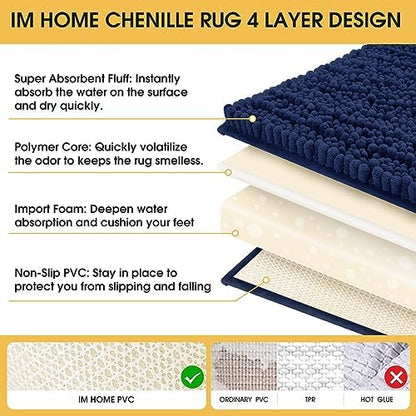 ACCUMTEK Upgrade Luxury Navy Blue Bathroom Rug Mat 36"x24", Ultra Soft Thick Absorbent Bath Mats, Non Slip Chenille Toilet Mat for Bathroom, Bedroom, Kitchen, Shower, Tub