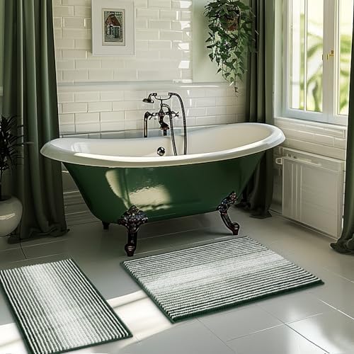 BSICPRO Bathroom Rugs Sets 2 Piece, Non Slip Striped Bath Mat, Hunter Green