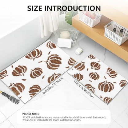APROPHIC Fall Pumpkin Bath Mats for Bathroom, Thanksgving Super Absorbent Non-Slip Microfiber Shaggy Bath Rugs, Autumn Bathroom Mat for Shower, Tub, Sink, Decor, Machine Washable, 20x30 in, Brown