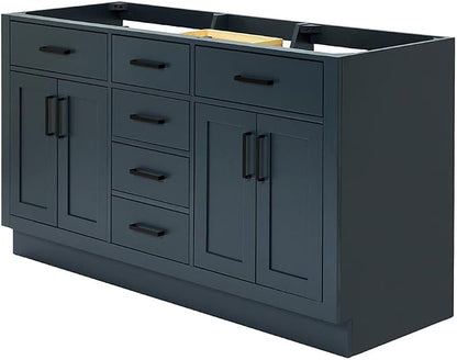 ARIEL Hepburn 60-inch Bathroom Vanity with Sink,Solid Wood, 1.5-inch Carbon Black Quartz Countertop, Double Rectangular Porcelain Sink, Soft Closing Doors, Dovetail Drawers, Midnight Blue