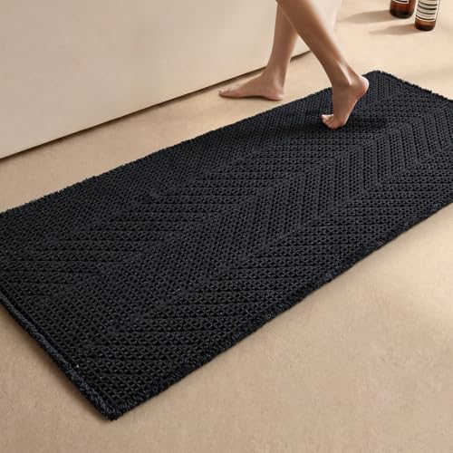 Sunfly Long Black Bathroom Rug, Waffle Bath Mat Non-Slip Washable Super Absorbent Quick Dry, Boho Farmhouse Bathroom Runner Decor 24"x72" Black