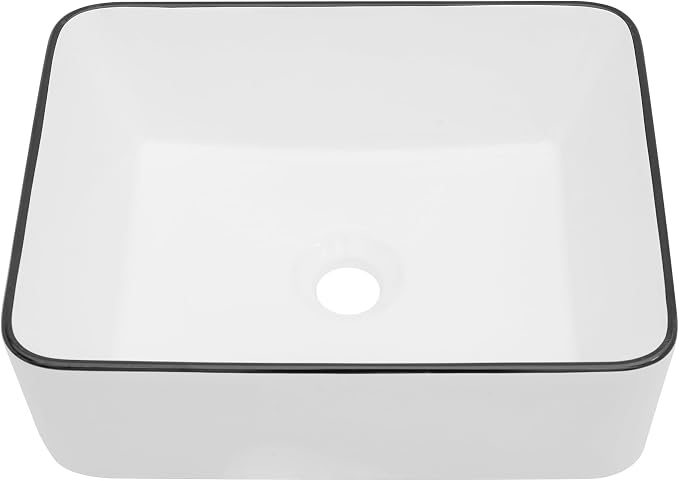 Dcolora Rectangular White Vessel Sink, 16"x12", Black Rim Ceramic Porcelain Bathroom Sink