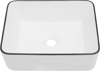 Dcolora Rectangular White Vessel Sink, 16"x12", Black Rim Ceramic Porcelain Bathroom Sink
