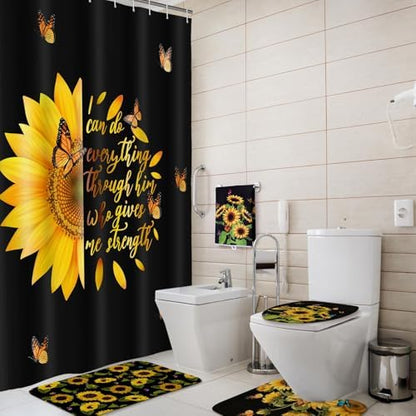 Honoson 8 Pcs Black Yellow Sunflower Shower Curtain Set, Rugs, Bath Mat