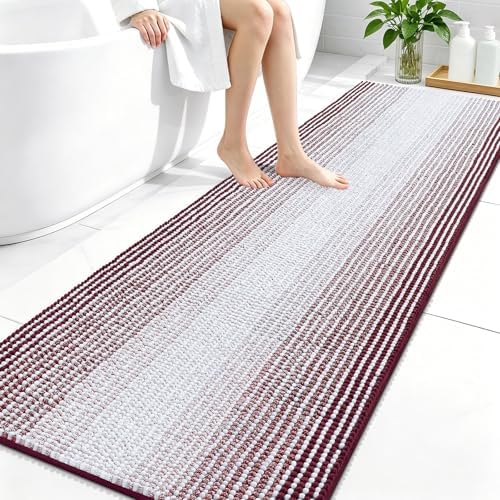 OLANLY Bathroom Runner Rugs 70x24, Chenille Striped Bath Rugs, Burgundy