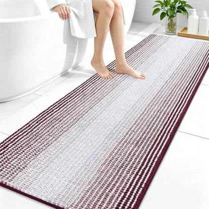OLANLY Bathroom Runner Rugs 70x24, Chenille Striped Bath Rugs, Burgundy