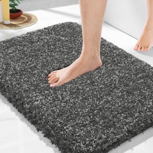 Yimobra Bathroom Rugs Non Slip Washable, Ultra Soft and Water Absorbent Bath Mats, Plush Fluffy Shower Mat Outside, Microfiber Thick Matts for Bathroom Floor/Sink, 24X17, Light Gray and Black Gray