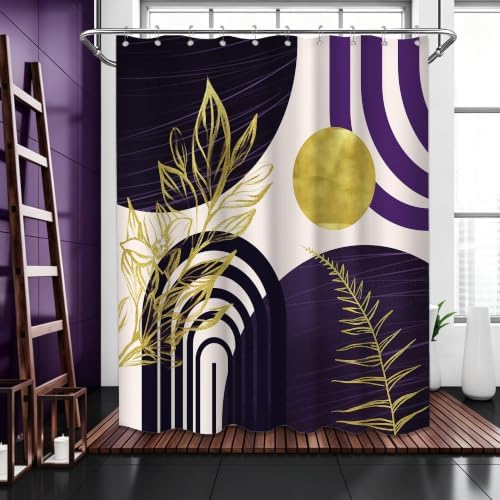 Dark Purple and Gold Shower Curtain, 60X72 in, Mid Century Modern Plum