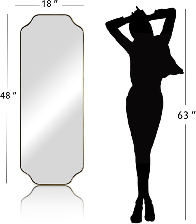 18" x 48" Full Length Wall Mirror, Large Brushed Gold Bathroom Mirror for Wall, Scalloped Corner Rectangle Body Mirror for Floor and Leaning