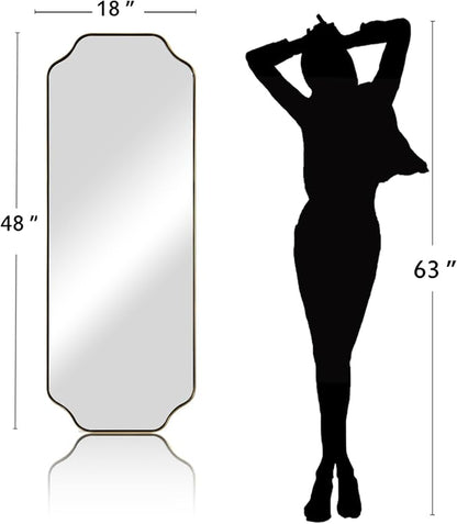 18" x 48" Full Length Wall Mirror, Large Brushed Gold Bathroom Mirror for Wall, Scalloped Corner Rectangle Body Mirror for Floor and Leaning