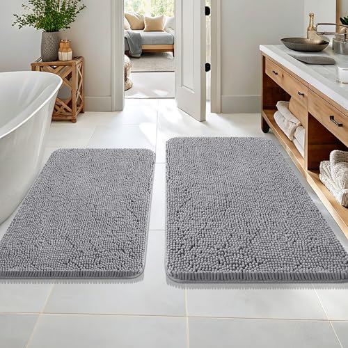 OLANLY Chenille Bathroom Rugs Mats Sets 2 Piece, 36"x24"+30"x20", Grey