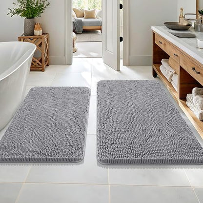 OLANLY Chenille Bathroom Rugs Mats Sets 2 Piece, 36"x24"+30"x20", Grey
