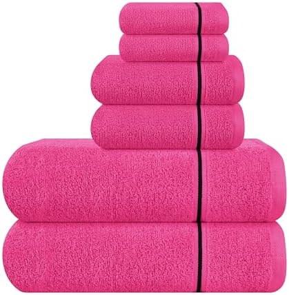 MyOwn Ultra Soft 6 Pack Cotton Towel Set, Contains 2 Bath Towels 28x55 inch, 2 Hand Towels 16x24 inch & 2 Wash Coths 12x12 inch, Ideal Everyday use, Compact & Lightweight - Hot Pink