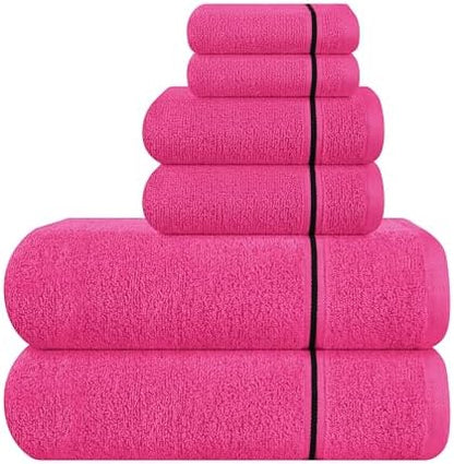 MyOwn Ultra Soft 6 Pack Cotton Towel Set, Contains 2 Bath Towels 28x55 inch, 2 Hand Towels 16x24 inch & 2 Wash Coths 12x12 inch, Ideal Everyday use, Compact & Lightweight - Hot Pink