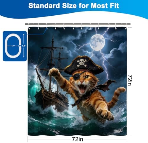 Ocean Pirate Cat Waterproof Nautical Bathroom Shower Curtain Set with Hooks