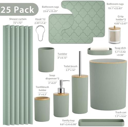 Sage Green Bathroom Accessories Set Complete with Shower Curtain and Rugs