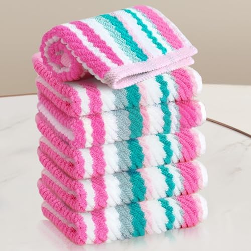 VOOVA & MOVAS Striped Washcloths 6 Pack, 100% Cotton, 13x13 in, Pink Aqua