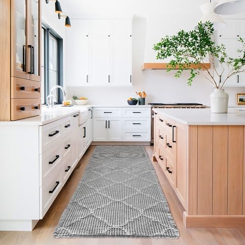 ZALL Waffle Bath Mat,Super Absorbent Non Slip Bathroom Rug,Grey 24X72inch, Geometric Diamond Machine Washable Ultra Soft Floor Mats Gray