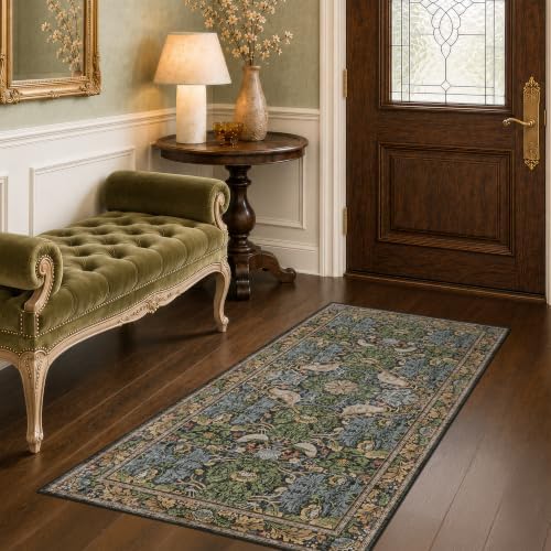 Washable Dark Vintage Floral Rugs for Entryway - Small 2x4 Runner Rug for Kitchen Bathroom Door Mat Indoor Entrance with Bird & Botanical Pattern, Brown Earthy Tones, Non Slip Low Pile