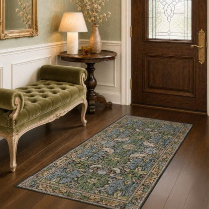 Washable Dark Vintage Floral Rugs for Entryway - Small 2x4 Runner Rug for Kitchen Bathroom Door Mat Indoor Entrance with Bird & Botanical Pattern, Brown Earthy Tones, Non Slip Low Pile