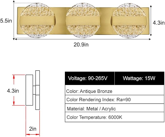 Luxury Brushed Gold Bathroom Vanity Light with High CRI 90+ LED for True Colors, 15W 6000K Cool White Modern Bathroom Lights Fixture Over Mirror for Makeup & Shaving