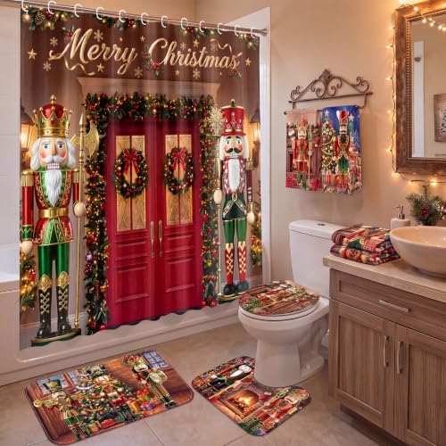 FuWeave 8 Pcs Christmas Shower Curtain Set for Bathroom Decor Include Vintage Nutcracker Xmas Tree Towels Christmas Non Slip Wreath Gift Rugs Toilet Lid Cover Poinsettia Bath Mat and 12 Hooks