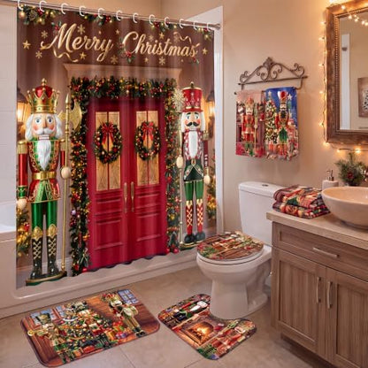 FuWeave 8 Pcs Christmas Shower Curtain Set for Bathroom Decor Include Vintage Nutcracker Xmas Tree Towels Christmas Non Slip Wreath Gift Rugs Toilet Lid Cover Poinsettia Bath Mat and 12 Hooks