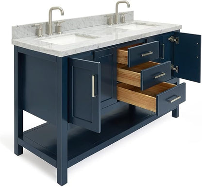 ARIEL Magnolia 60-inch Bathroom Vanity with Sink,Solid Wood, 1.5-inch Italian Carrara Marble Countertop, Double Rectangular Porcelain Sink, 4 Soft Closing Doors, 3 Dovetail Drawers, Midnight Blue
