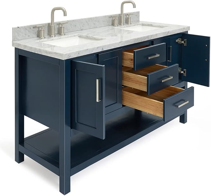 ARIEL Magnolia 60-inch Bathroom Vanity with Sink,Solid Wood, 1.5-inch Italian Carrara Marble Countertop, Double Rectangular Porcelain Sink, 4 Soft Closing Doors, 3 Dovetail Drawers, Midnight Blue