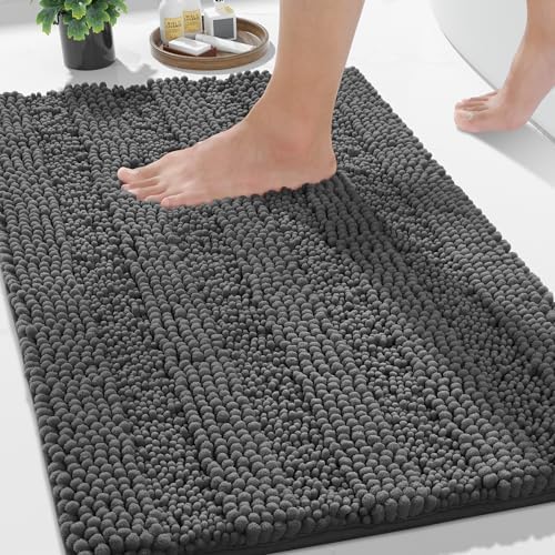 Yimobra Bathroom Rug Mat 32 x 20, Non Slip and Super Absorbent Bath Mat,Machine Washable Quick Dry,Ultra Plush Chenille Shower Rugs for Bathroom Floor Sink Tub and Shower Outside,Dark Gray