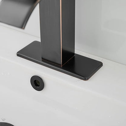 BWE Waterfall Bathroom Faucet Oil Rubbed Bronze Faucet for Bathroom Sink 1 Hole Single Handle Modern Vanity Faucet Lavatory Bath Mixer Tap with Pop Up Drain Assembly with Overflow and Supply Line