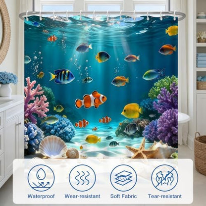 Waterproof Tropical Ocean Weighted Shower Curtains for Bathroom with Hooks