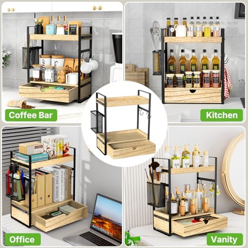 2-Tier Bathroom Counter Organizer with Drawer Basket and Hooks, Wood Bathroom Organizers and Storage for countertop, Farmhouse Brown Countertop Organizer, Counter Shelf for Vanity, Kitchen, Office